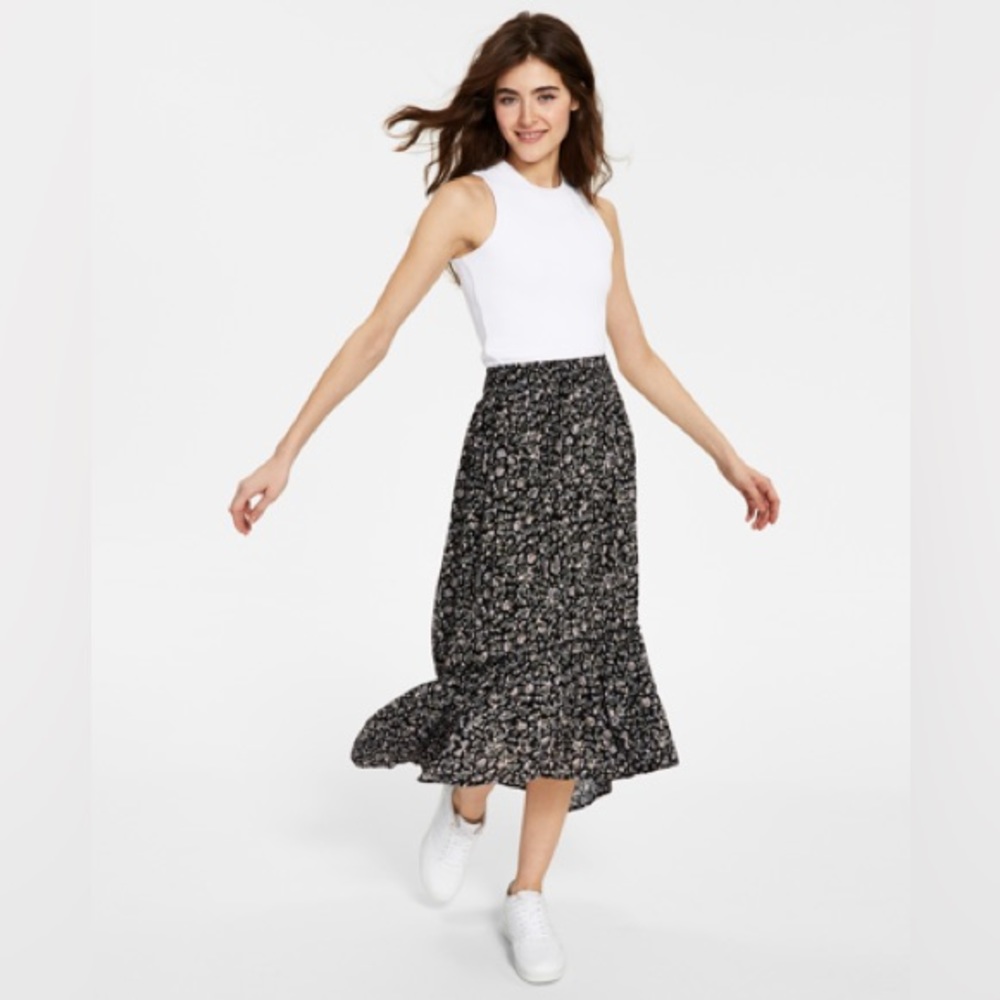 Hippie Rose Printed Tiered High Low Maxi Skirt in Black Floral Size Small